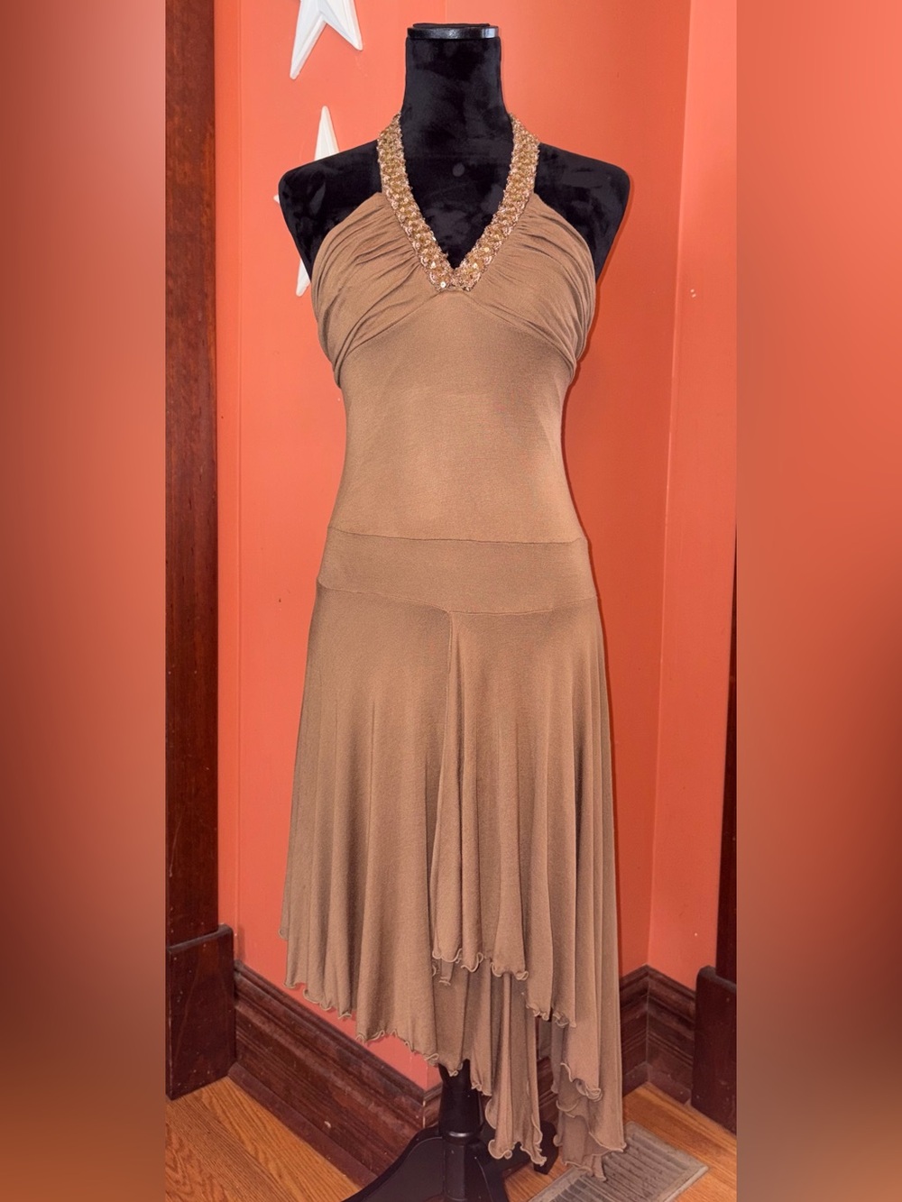 Vintage Y2K To The Max V-Neck Brown Halter Dress with Beaded + Sequin Trim